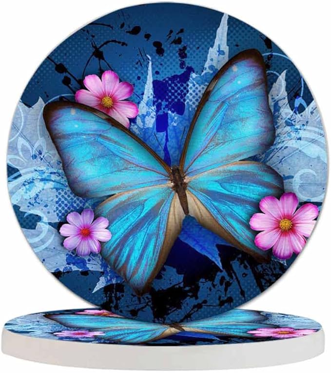 Beautiful Butterfly Table Coasters for Drinks Vintage Splash Ink Floral Pink Bloom 100% Diatomite Home and Dining Room Bar Decor 4 X 4 X 0.35 Inch for Men Women