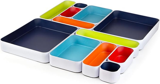 Three by Three Seattle 12 Piece Metal Organizer Tray Set for Storing Makeup, Stationery, Utensils, and More in Office Desk, Kitchen and Bathroom Drawers (Classic Colors)