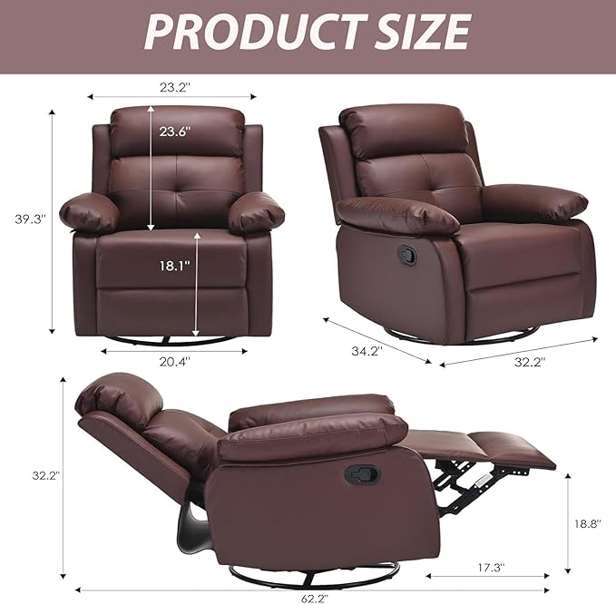 Swivel Rocker Recliner, 360 Swivel Small Recliners with 30 Degree, 90-150 Degree Angle, Faux Leather Lift Chair for Home Theater Seating, Adults, Living Room, Bedroom, Brown