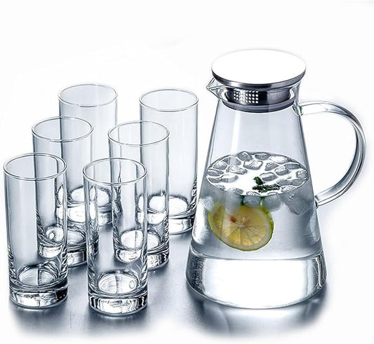 7-Pcs Glass Pitcher Set Jug with 6 Water Glasses Tumbler Cups Lid Carafe Jug with Spout Handle for Hot/Cold Tea Beverage