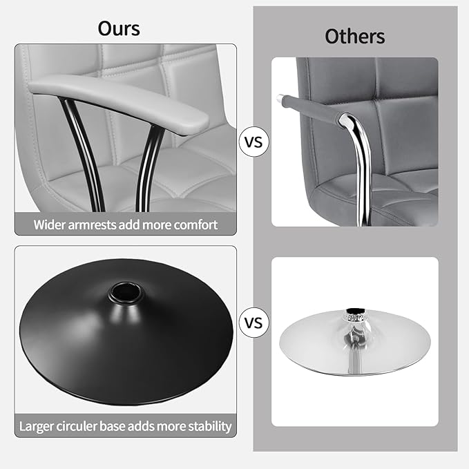 Bar Stools Set of 2, Armrest Adjustable Swivel Barstools with Back, Double Needle PU Leather Counter Height Chairs for Kitchen lsland (Light Grey)