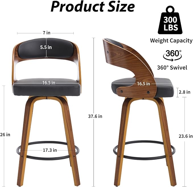 Swivel Bar Stools Set of 2, Walnut Counter Height Bar Stools with Back and Arms, 26" Modern Faux Leather Upholstered Bar Chairs with Bentwood Frame for Kitchen Island Bar - Black
