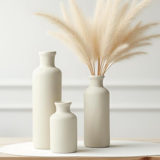 10 Inch Modern Ceramic Vase Set of 3, Beige Colors, Decorative Bottles for Home, Farmhouse Rustic Decor (Beige)