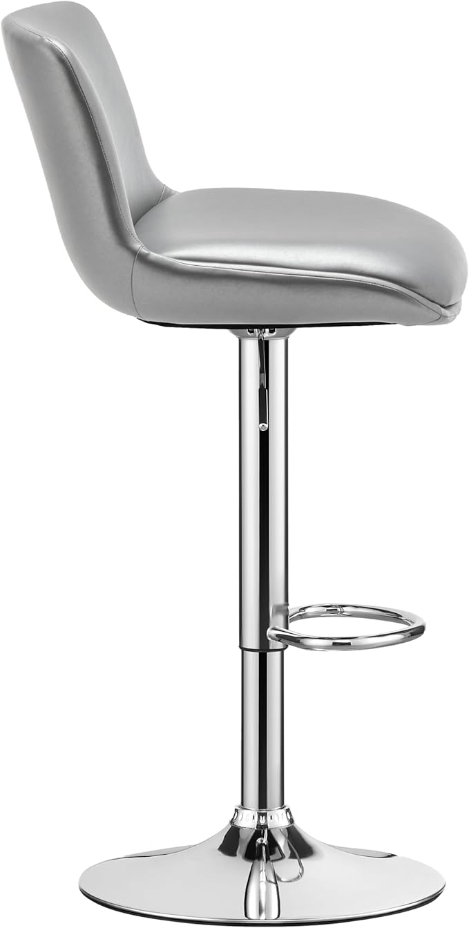MINCETA Bar Stools,Modern Upholstered Swivel Stool with Back for Bar and Counter Height, Adjustable Height 24" to 34",1 Piece,PU in Sliver