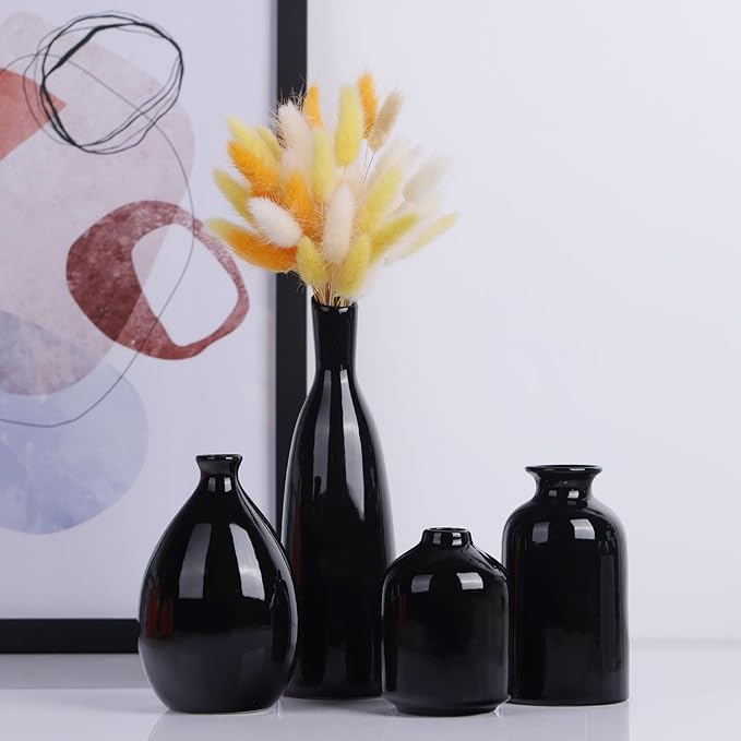 Black Ceramic Bud Vases Set of 4, Farmhouse Mantel & Shelf Accents, Small Vases for Living Room, Entryway, Bathroom, Kitchen & Office Decor, Coffee Table Centerpieces, Bulk Mini Vases