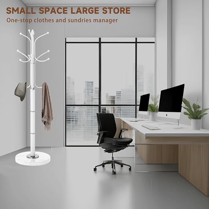 Metal Coat Rack Freestanding, Sturdy Coat Rack Stand with Natural Marble Base, White Coat Racks Tree Hats Hanger Holder Stand for Entryway, Hallway(12 Hooks)