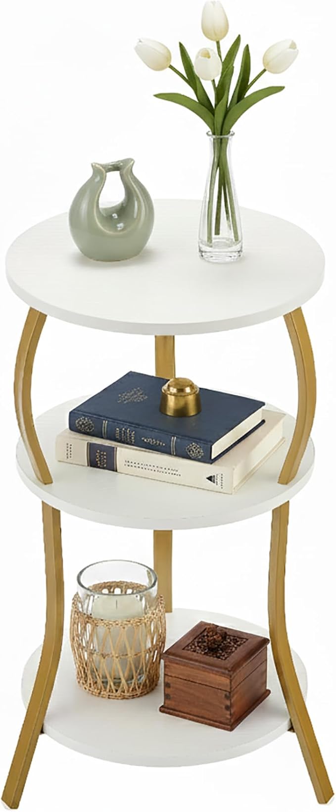 Vintage Small Round Side Table, 3-Tier Slim Waist Circular End Table with Storage Shelf, Compact Tea Sofa Table, Round Corner Coffee Table Nightstand for Living Room Bedroom Small Spaces,White+ Gold