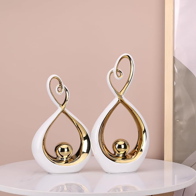 White Decor Accent, Porcelain Art Mid Century Modern White and Gold Decorations, Dining Table Objects, Abstract Ceramic Statue Sculpture - for Bookshelf Tv Stand Centerpiece Centro De Mesa