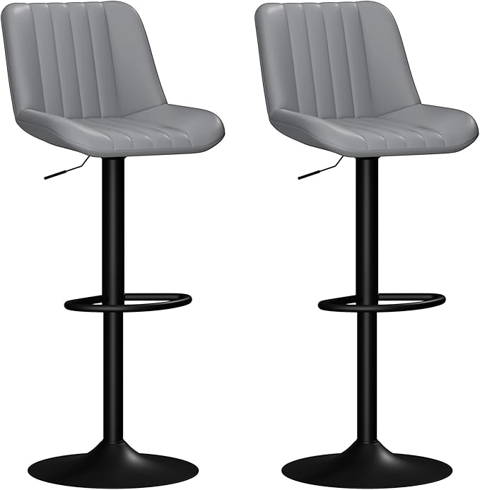 JAMFLY Bar Stools Set of 2, Swivel Bar Height Chairs Set of 2, Adjustable Tall Leather Bar Stools for Kitchen Island, Grey