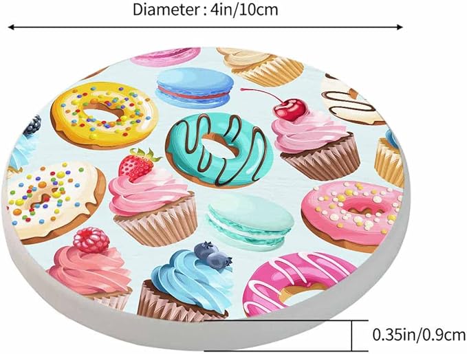 Sweets Ornament Table Coasters for Drinks Cupcake Dessert Cream Bake Cake Donut Pastry Macaron Chocolate 100% Diatomite Home and Dining Room Bar Decor 4 X 4 X 0.35 Inch for Men Women