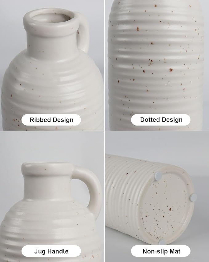 White Ceramic Vase Set of 3 with Handle – Ribbed and Dotted Jug Vases for Rustic Farmhouse Table Centerpiece, Shelf & Mantel Decor
