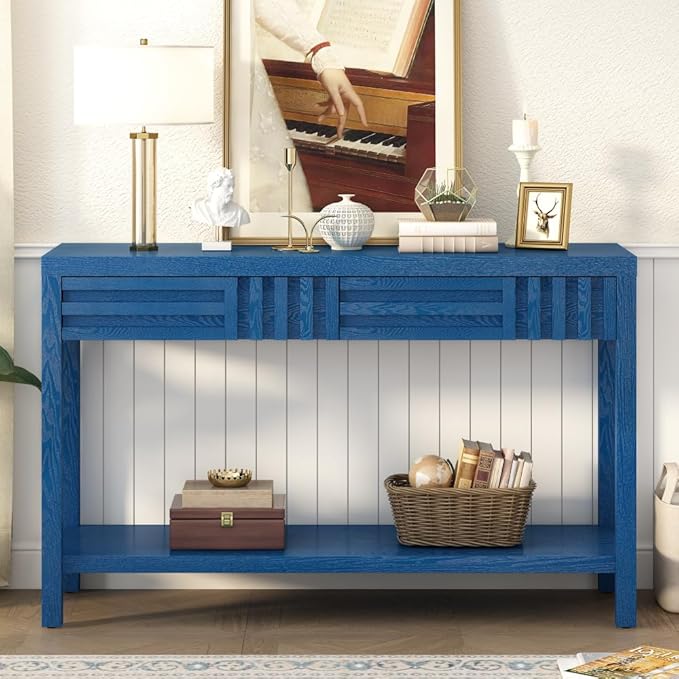 Mid Century Modern Console Table with Ash Veneer,Wood Fluted Entryway Table with Storage Drawers and Shelf for Entryway,Foyer,Living Room (Navy Blue)