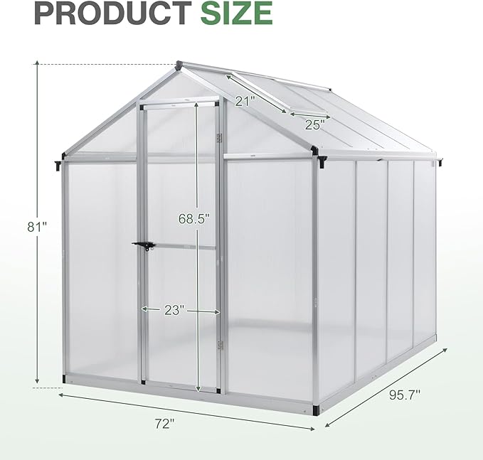 Aoodor 6 x 8 Ft Walk-in Greenhouse with Gutter, Polycarbonate and Heavy-Duty Aluminum Frame, Adjustment Skylight and Lockable 2-Sided Door for Patio, Outdoor, Yard, Lawn Use, Silver