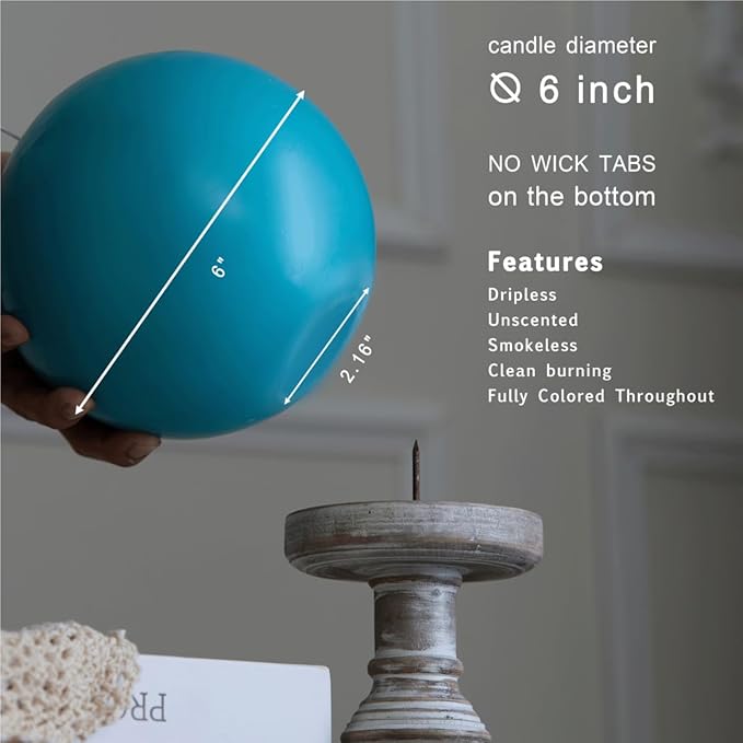 MOZEAL Hand-Poured, 6 Inch Turquoise Large Round Ball Candles - Elegant Turquoise Round Pillar Candles, Dripless, Unscented, Smokeless, Ideal for Summer Parties.