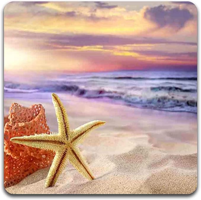 Starfish on The Beach Square Coaster Set - Made of Recycled Rubber - Set of 4