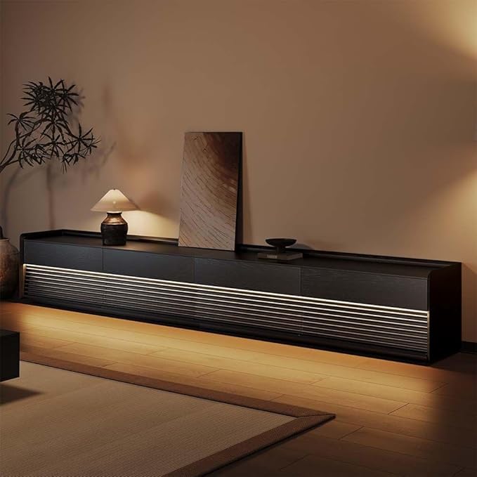 POVISON Fully-Assembled Mid Century Modern TV Stand, 118.11" Wood Media Console with Adjustable LED Light, Entertainment Center with Storage for Living Room