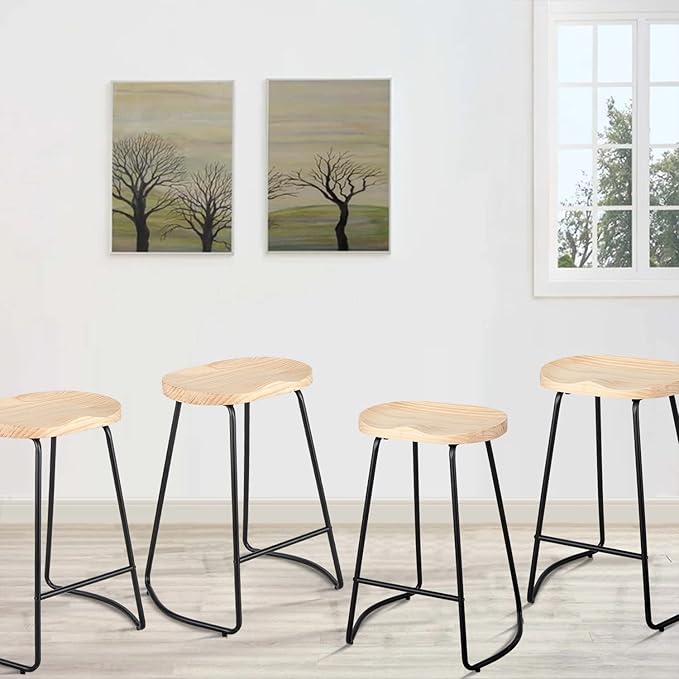 HeuGah Bar Stools Set of 4, Saddle Seat Bar Stools with Metal Legs, Rustic Backless Counter Height Stools, Industrial Counter Stools (Burlywood, 26 Inch)