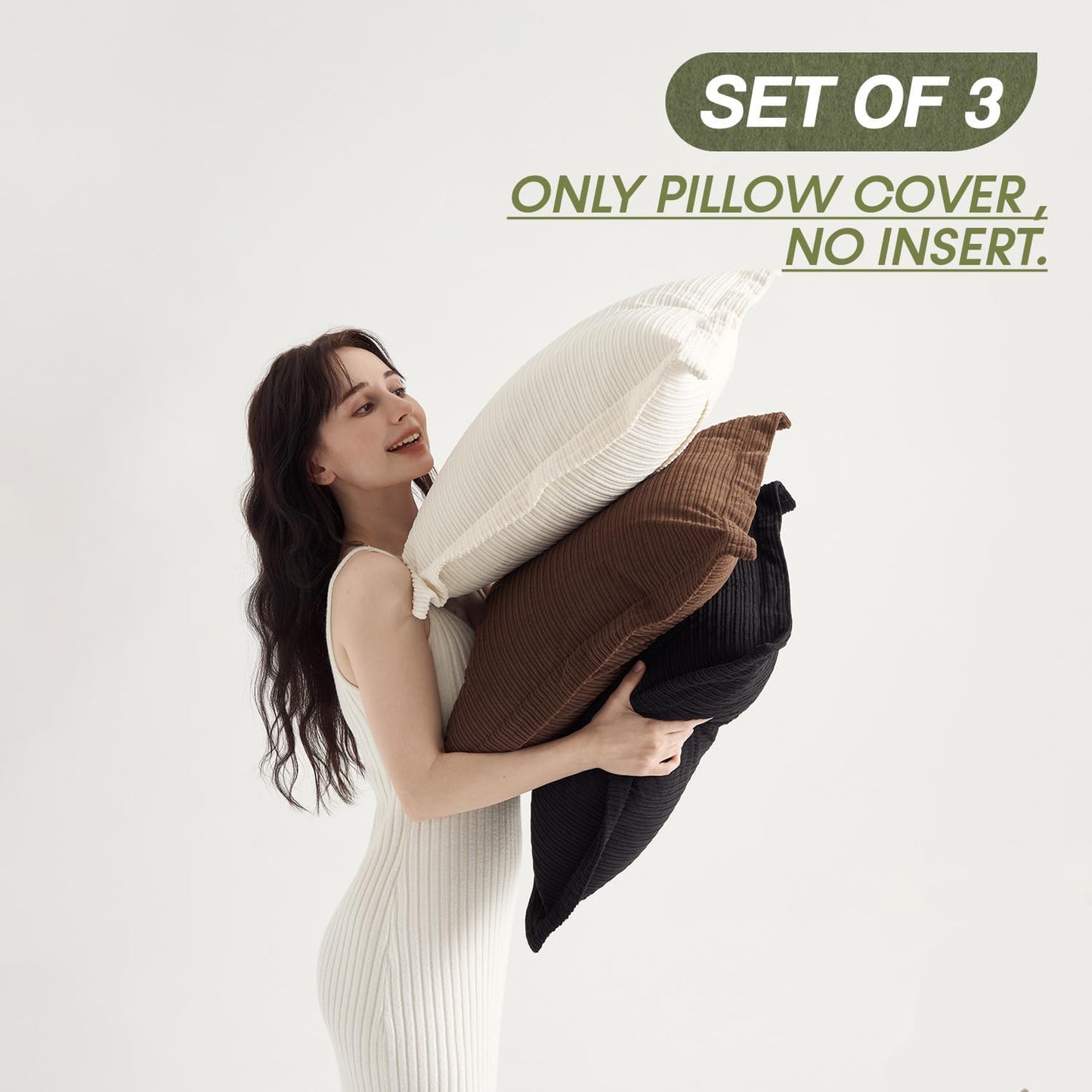 Set of 3 Classic Vintage Decorative Throw Pillow Covers 20x20inch, Striped Corduroy Cute Soft Fluffy Square Cushion Covers for Couch Sofa Car Home Farmhouse Decor(Dark Brown, Black & White)