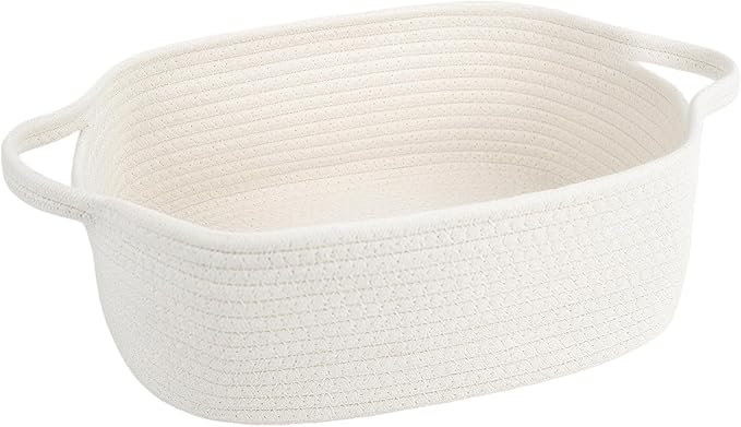 BOMINICA Cotton Rope Storage Basket with Handles, Natural Woven Basket, Decorative Rectangle Organizer Bin for Home, Nursery, Montessori, Pet Toy Storage and Bathroom Organization, White