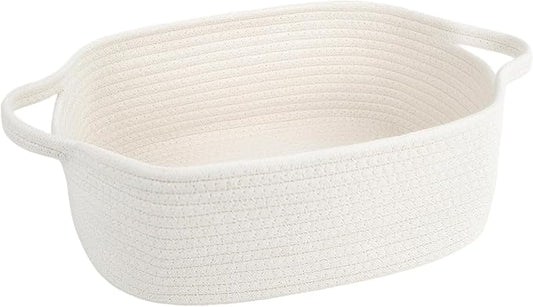 BOMINICA Cotton Rope Storage Basket with Handles, Natural Woven Basket, Decorative Rectangle Organizer Bin for Home, Nursery, Montessori, Pet Toy Storage and Bathroom Organization, White