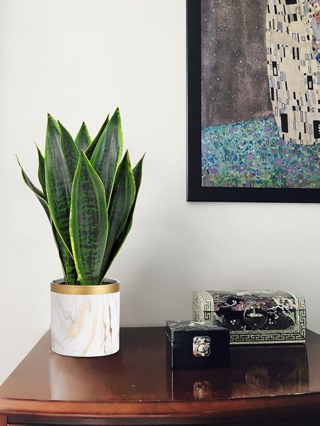 Briful Fake Snake Plant 16" Faux Potted Plant Artificial Snake Plant with White Ceramic Pot Sansevieria Plant Perfect for House Modern Living Room Office Housewarming Gift Indoor Decor