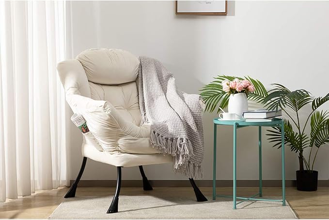 HollyHOME Modern Fabric Large Lazy Chair, Accent Oversized Comfy Reading Chair, Thick Padded Cozy Lounge Chair with Armrest, Steel Frame Leisure Sofa Chair for Living Room, Bedroom, Dorm, Beige