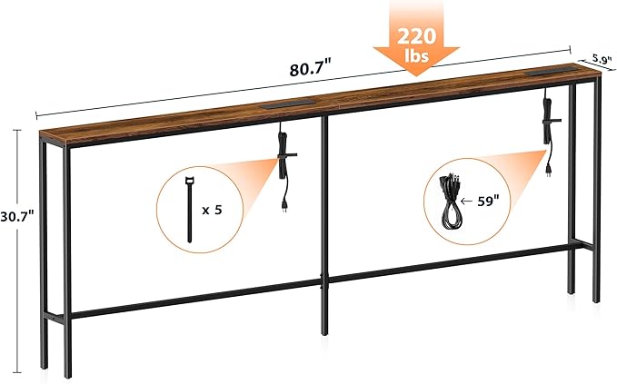 Narrow Sofa Table with 2 Power Outlets, 80.7” Thin Console Tables Narrow Long, Behind Couch Table Skinny, Wood Console Tables for Entryway, Living Room, Hallway, Foyer, Rustic Brown