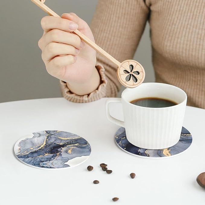 Navy Blue Gold Marble Coasters Set of 6 Coasters for Drinks Absorbent Double-Sided Leather PVC Coaster for Tabletop Protection Coffee Table Decor Ideal for Home Decor House Warming Gifts