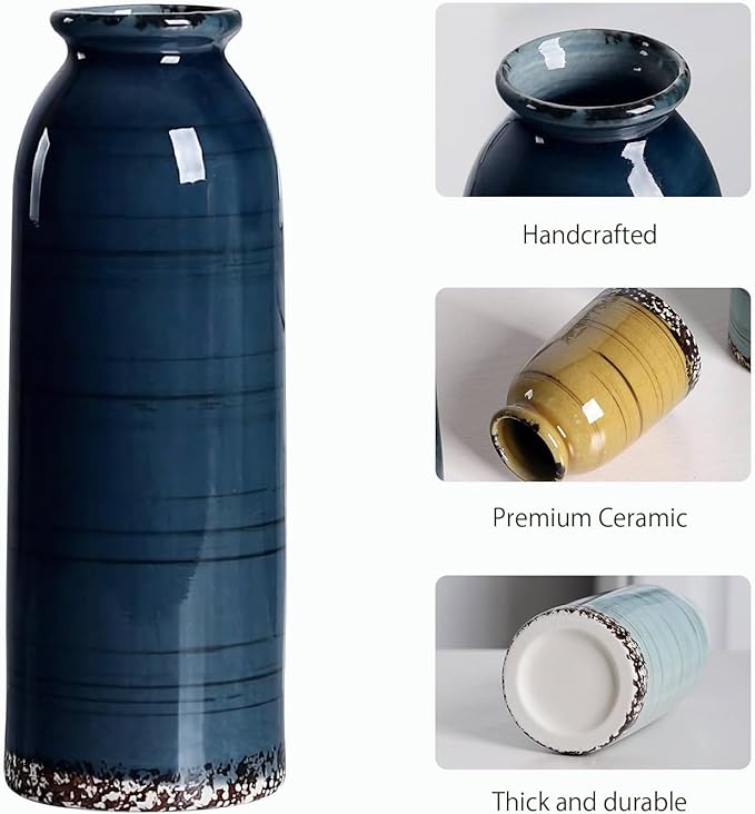 Ceramic Vase Set of 3, Farmhouse Rustic Decorative Vase for Home Decor, Modern Glazed Vase, Table Centerpiece for Living Room, Shelf, Bedroom, Kitchen (Colorful Cracks)