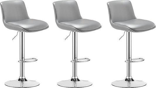 MINCETA Bar Stools,Modern Upholstered Swivel Stool with Back for Bar and Counter Height, Adjustable Height 24" to 34",Set of 3,PU in Sliver
