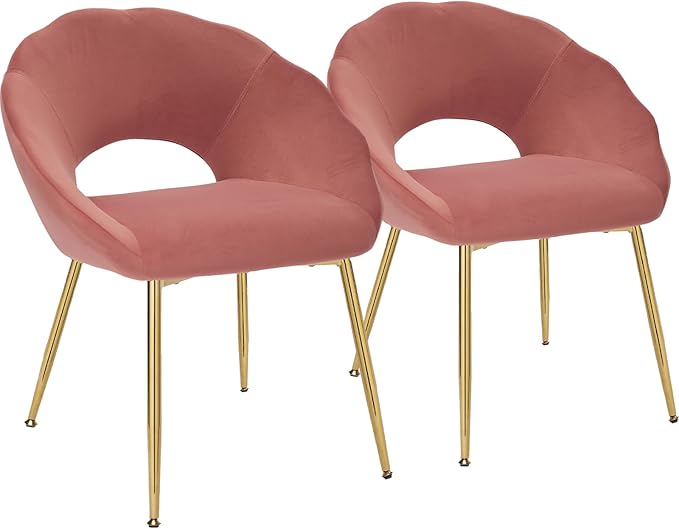 Modern Small Accent Chair Set of 2, Comfy Velvet Vanity Chair with Shell Back & Golden Metal Legs, Decorative Chair no Wheels for Living Room, Makeup Room, Bedroom, Pink