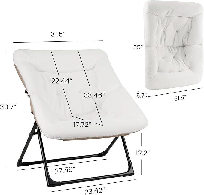 Comfy Saucer Chair for Adults, Soft Faux Fur Bedroom Chair, Accent Dorm Chairs, Flexible Living Room Reading Chairs, Oversized Folding Lounge Seat for Teens, X-Large, White