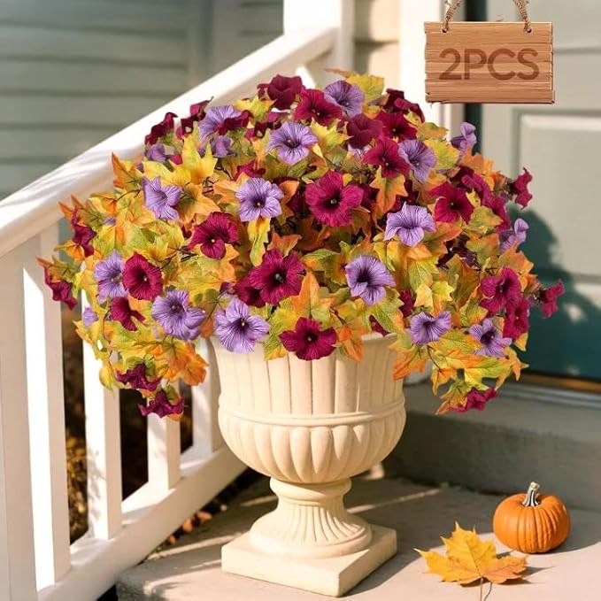 Artificial Fall Fake Flowers Plants for Outdoor Decoration,2 Pcs No Fade Faux Petunias,UV Resistant Realistic Autumn Silk Flowers,for Home Garden Balcony Yard Porch Deco (Burgundy Purple)