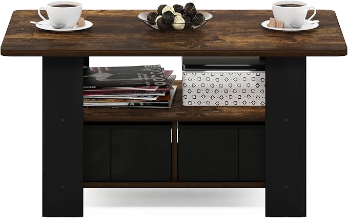 Furinno Andrey Coffee Table with Bin Drawer, Amber Pine/Black Small Non-Lift Top