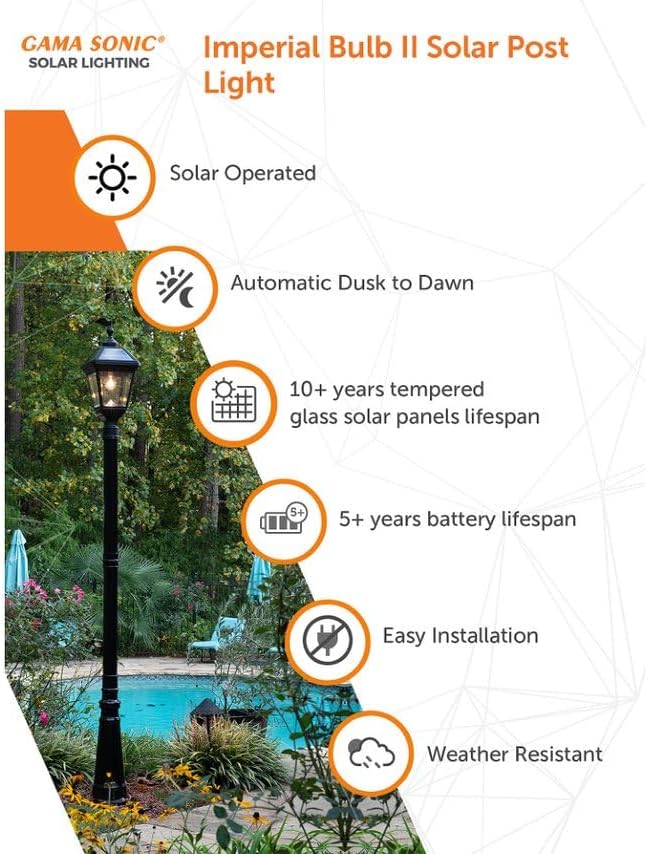 Gama Sonic Imperial II Bulb Solar Post Light, Black UV Protected Resin and Clear Lens, Outdoor Single Lamp with 3" Fitter for Lamp Posts or Pier Base and Warm White 2700K Light