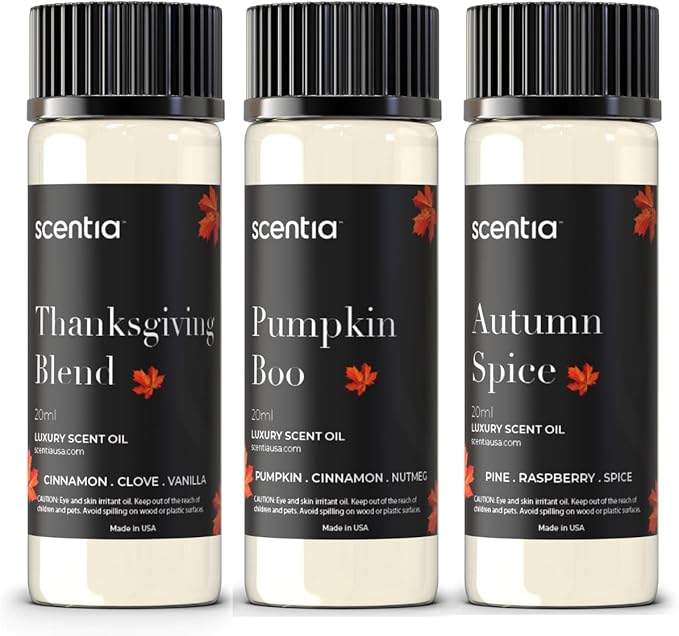 Scentia Fall Essential Oils for Diffuser with 3 Cozy Scents: Autumn Spice, Thanksgiving Blend & Pumpkin Boo - 20ml Aromatherapy Oils for Home, Candles & DIY - Perfect Fall Gift