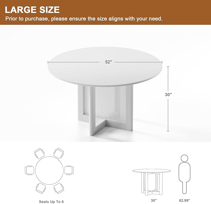 Casaphoria 52" Dining Table, Modern Kitchen Table for 4-6, Farmhouse Style with Round Top & Wicker Base, Easy Assembly for Living Room, Kitchen, Natural Wood