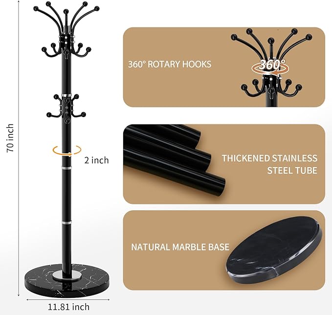 Metal Heavy Duty Coat Rack Stand, Modern Freestanding Coat Rack with Natural Marble Base, 360° Roraty Coat Racks with 16 Hooks, Black Coat Hall Tree Hanger Stand for Entryway, Office