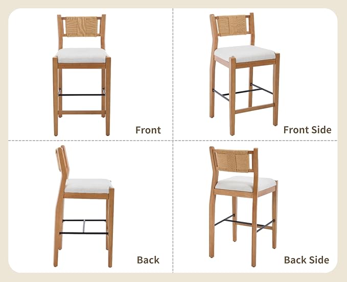 CIMOTA Rattan Counter Height Bar Stools Set of 2, 26" Farmhouse Barstools with Woven Backs, Boho Oak Wood Bar Stool Chairs Linen Upholstered Counter Stools for Kitchen Island/Counter