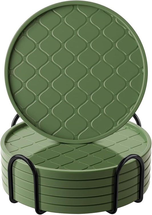 Coasters Set of 6,Hot or Cold Drink Coasters with Holder,Modern Style Coffee Table Coaster,Suitable for Kinds Cups Beer,Drink,Anti-Overflow Tabletop Protection(Green, 6pcs)