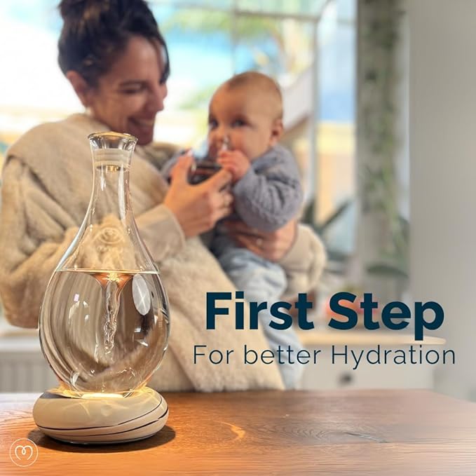 MAYU Swirl Structured Water Carafe - Innovative Vortex Technology Handblown Pitcher. Post Reverse Osmosis Filter Aerating Water Dispenser Stand 1.5 Liter| 51Oz Dining Glass Jug Design (Graystone Base)