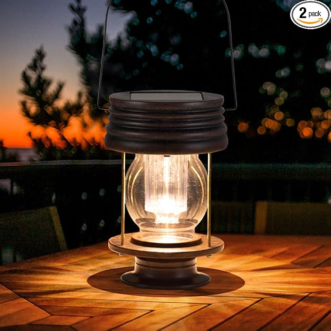 Hanging Solar Garden Lights Outdoor - 8.3” Solar Powered Waterproof Retro Christmas Lanterns, Bright Landscape Lamp, 30 Lumen, 2 Pack, Great Decor for Patio, Yard, Garden and Table (Warm White)