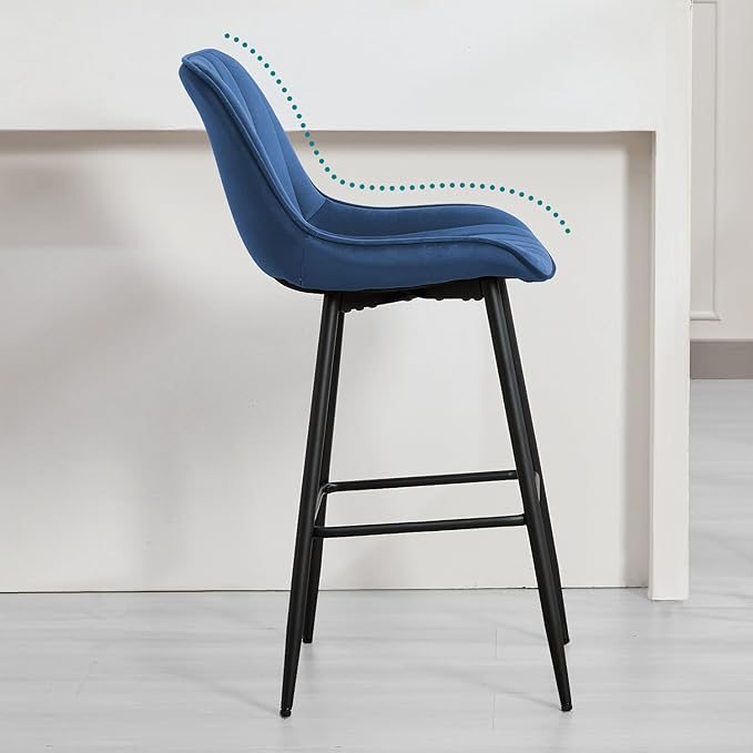 24" Bar Stools Set of 2, Counter Height Bar Chairs with Back, Modern Velvet Upholstered Barstools, Kitchen Island Stools for Bar, Kitchen Counter, Top Height 35"-38", Blue
