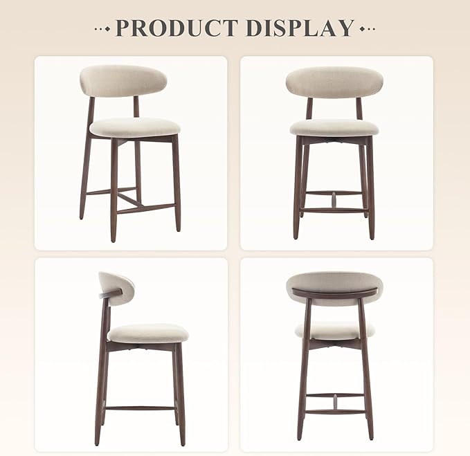 COLAMY Counter Height Bar Stools Set of 3, Upholstered Barstools with Back, Mid Century Modern Stools with Wood Legs for Kitchen Island Dining Room, Beige