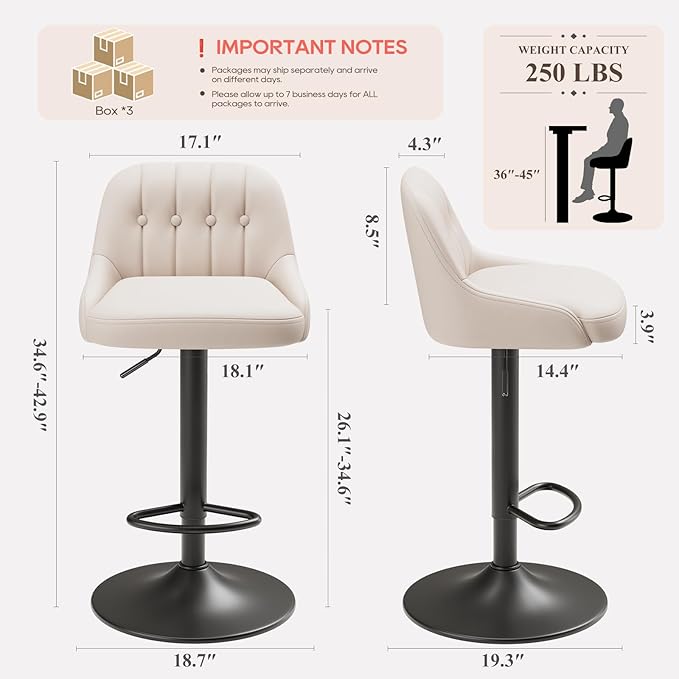 Bar Stools Set of 6, Swivel Bar Chairs, Modern Adjustable PU Leather Upholstered Barstools Counter Height with Tufted Back for Bar, Kitchen Counter Island, Dining Room, Beige