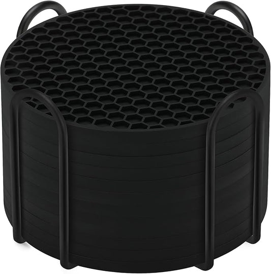 Silicone Coasters Set of 12 with Holder,Coasters for Drinks,Beer,Coffee Coasters,Suitable for Kinds Cups,Hot or Cold,Anti-SLI,Non-Stick,Anti-Overflow Tabletop Protection and Decor (12 Pcs, Black)