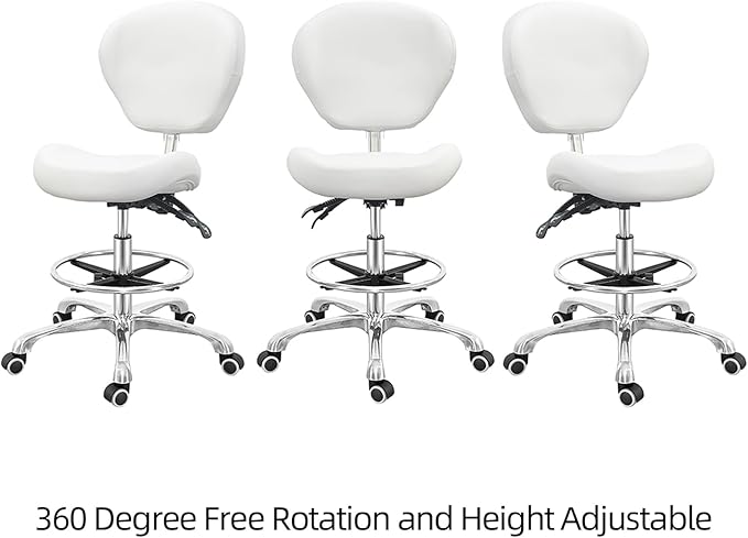 Grace&Grace Drafting Chair Adjustable Tall Shop Stool, Rolling Chair with Backrest and Footrest for Computer, Studio, Workshop, Classroom, Lab, Counter, Home Office (White)