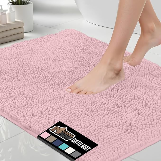 GORILLA GRIP Bath Rug Mat 60x24, Soft Absorbent Chenille, Quick Dry Microfiber Mats, Rubber Backing Washable Shower Floor Rugs, Bathmat Runner, US Designed Bathroom Home Decor Accessories Light Pink