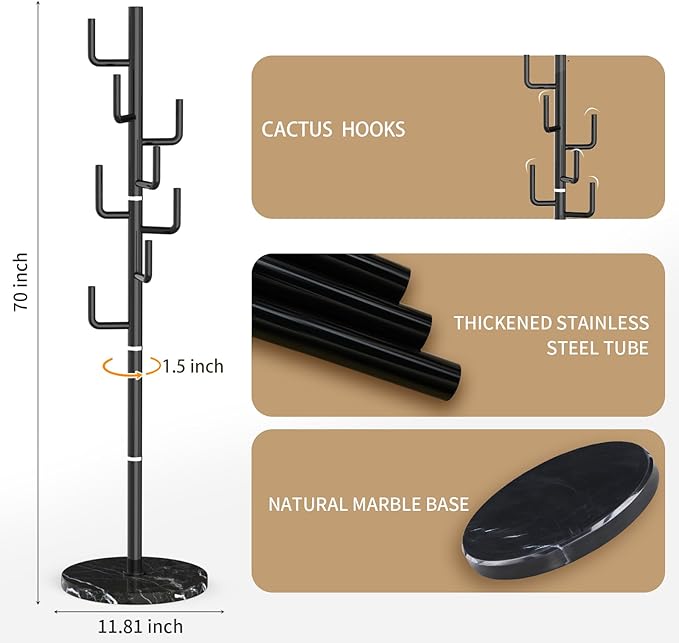 Modern Metal Coat Rack Stand with Natural Marble Base, Heavy Duty Coat Rack Freestanding with 8 Hooks, Black Cactus Standing Coat Racks for Bag, Jacket, Entryway Office (Black Cactus)