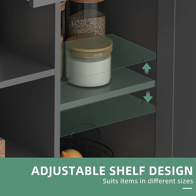 Shintenchi Kitchen Island with Storage, Kitchen Island Cart on Wheels with 3 Open Shelves, 2 Drawers and 2 Cabinets, Rolling Kitchen Table with Large Countertop, Gray